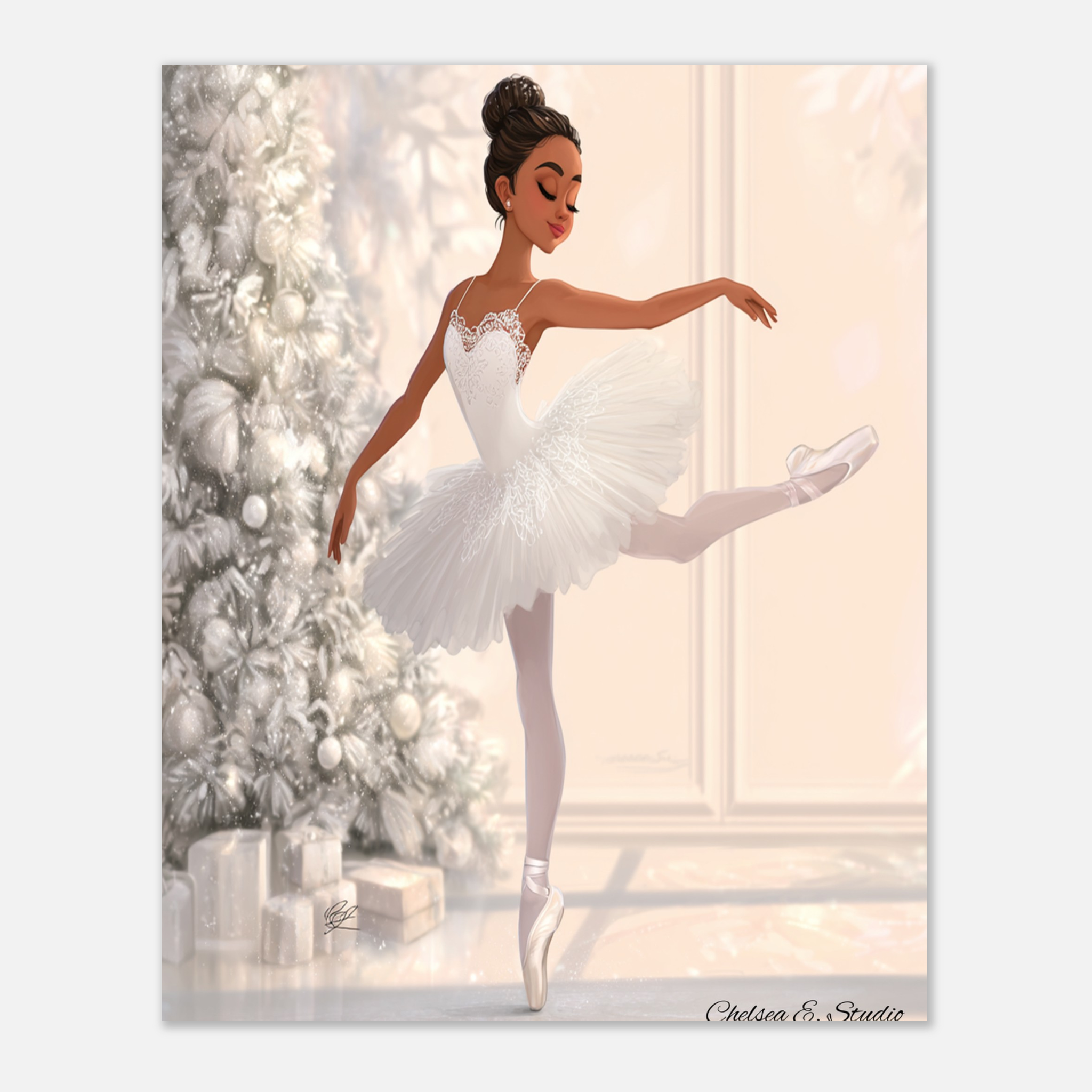 Christmas Poster featuring a young Black ballerina in a festive Christmas ballet scene.
