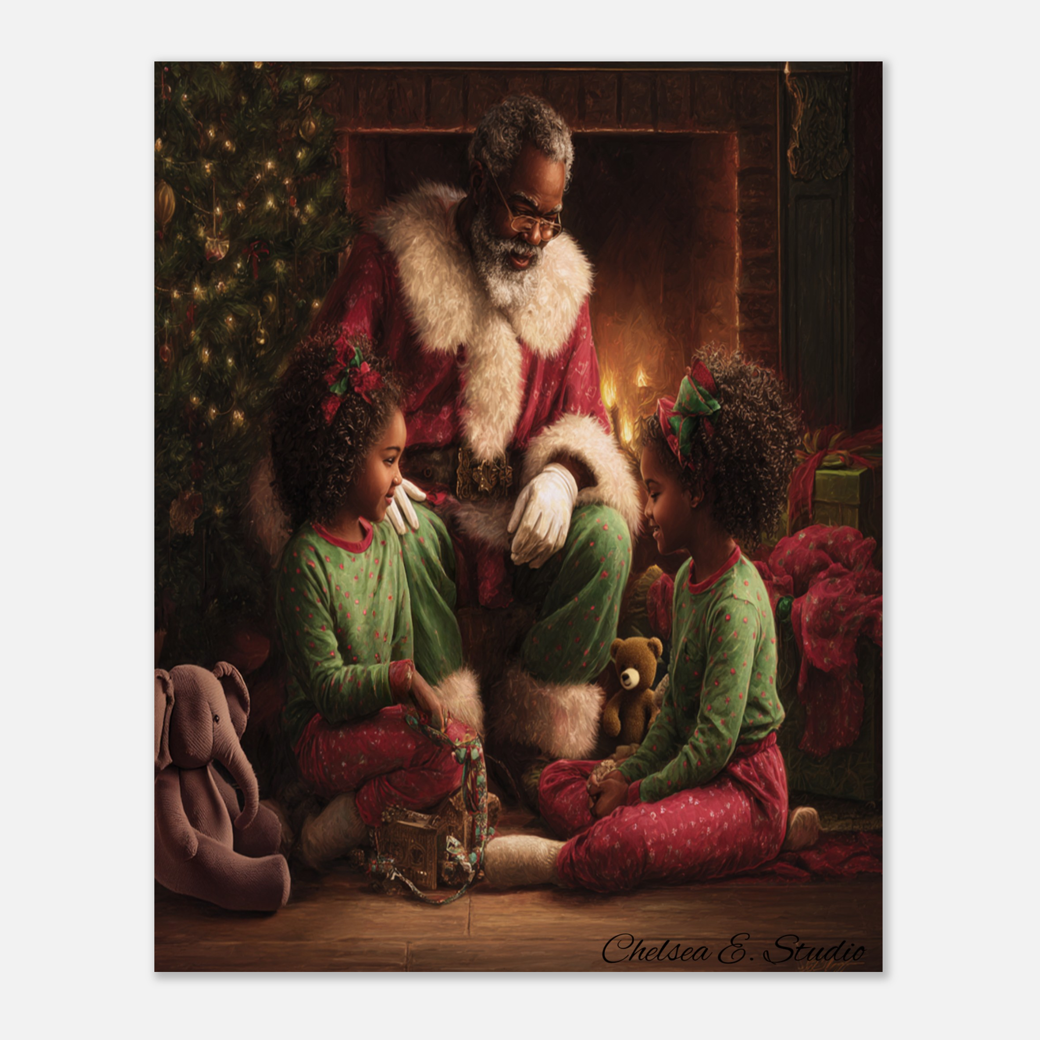 Christmas Poster featuring Black Santa reading a cozy Christmas story to children.