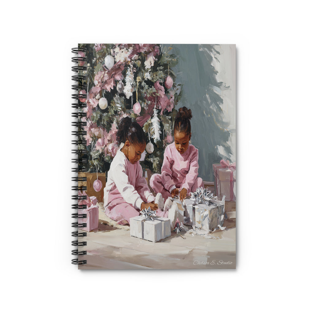Christmas Kids Notebook — Festive Children Opening Presents Spiral Notebook (Ruled)