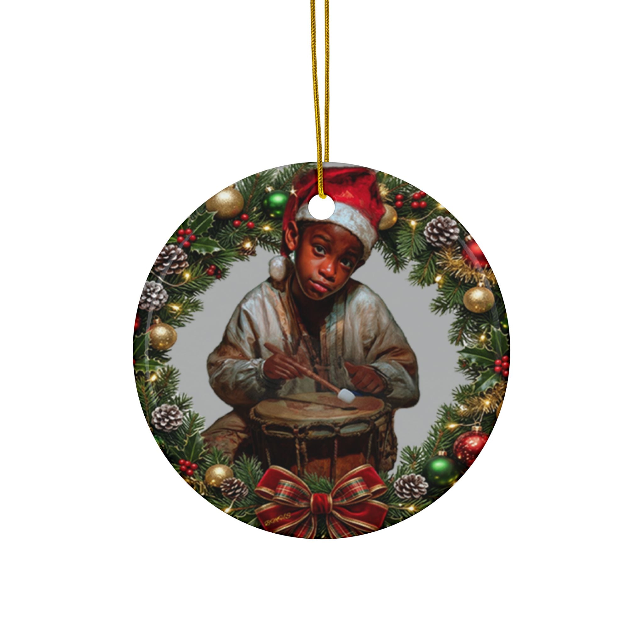 Christmas Ornament featuring a young Black drummer boy celebrating the Christmas story.