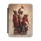 Kindle Case featuring Black Santa embracing children in a snowy winter scene with a cardinal.