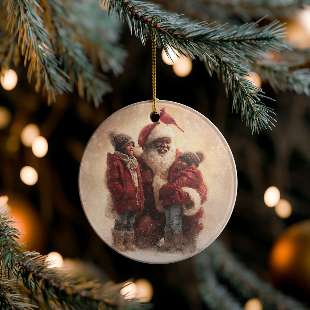 Christmas Santa with Children Ceramic Holiday Ornament — "Where the Love Gathers"