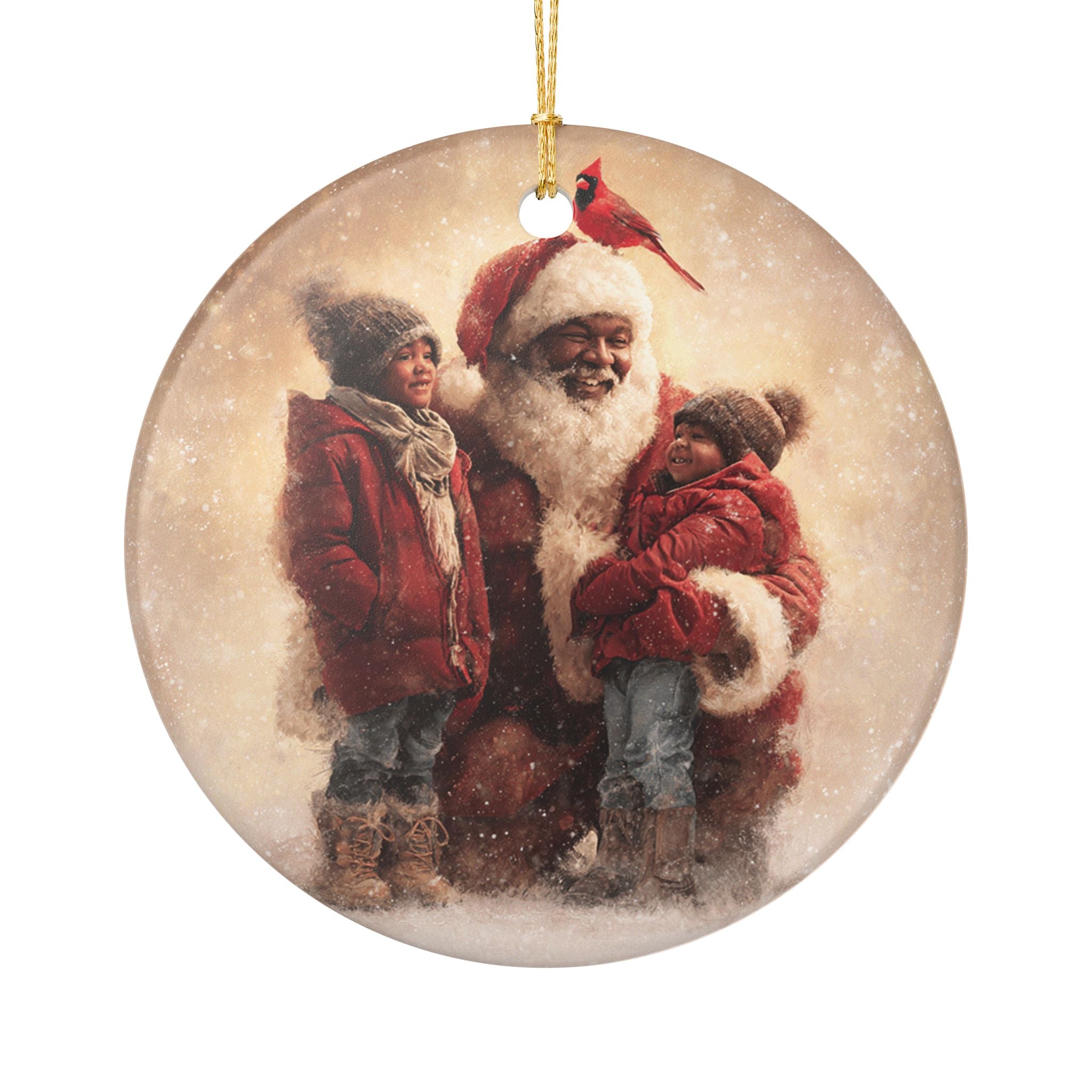 Christmas Santa with Children Ceramic Holiday Ornament — "Where the Love Gathers"