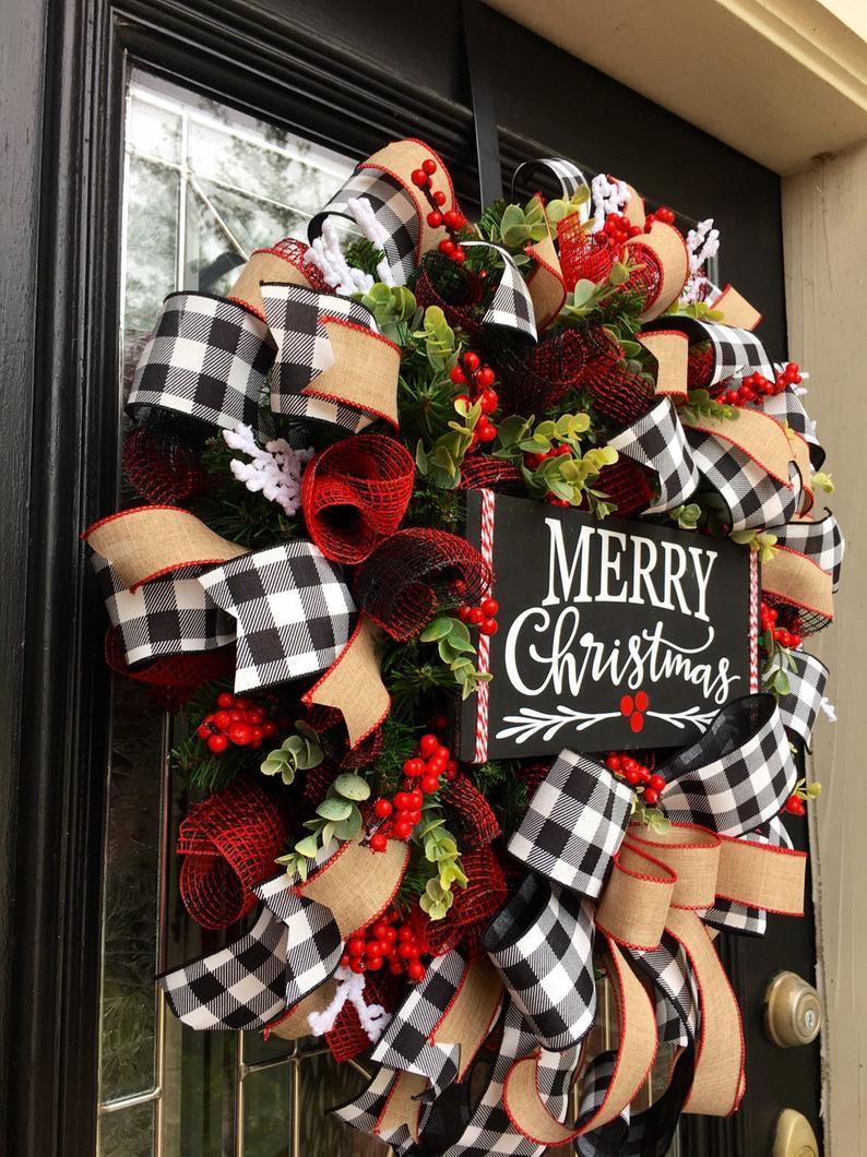 Christmas Wreath featuring a plaid Christmas wreath for classic holiday decor.
