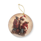 Christmas Ornament featuring Black Santa embracing children in a snowy winter scene with a cardinal.