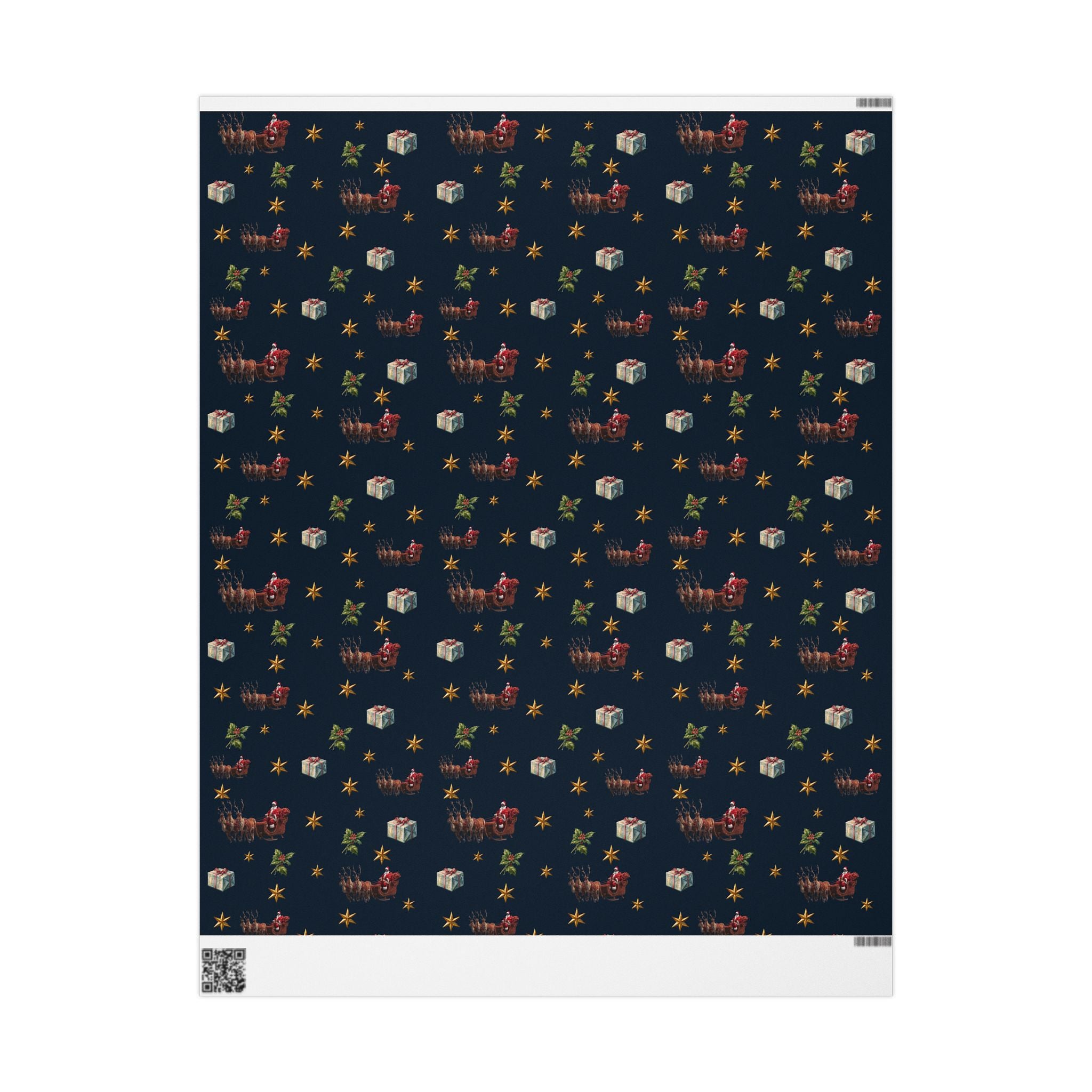 Christmas Wrapping Paper featuring vintage Santa, reindeer, gifts, holly and stars.