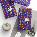 Christmas Wrapping Paper featuring colorful nutcrackers, ornaments, drums, gifts and stars.