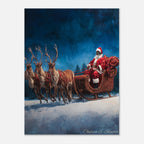 Christmas Poster featuring Santa racing through a snowy night with his sleigh and reindeer.