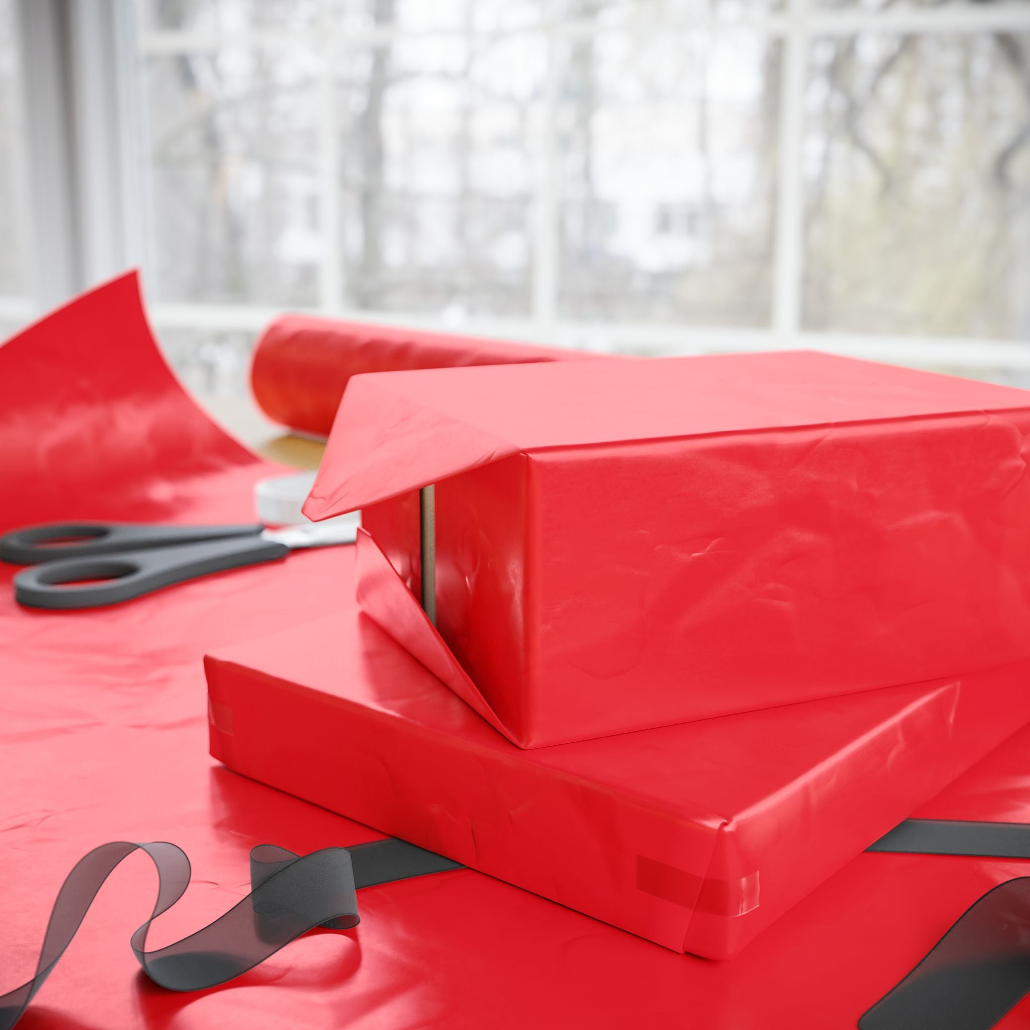 Christmas Wrapping Paper featuring solid cheer red gift wrap made to coordinate with holiday decorations.
