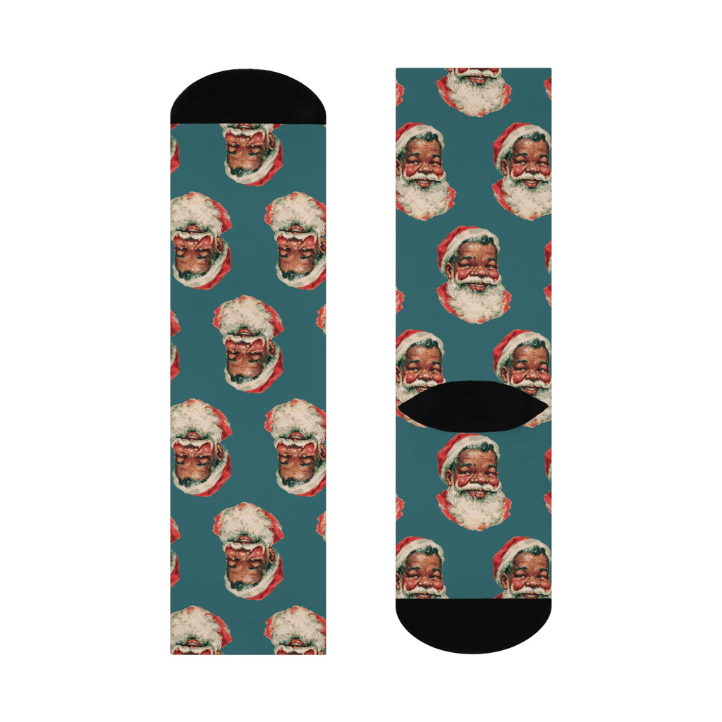 Christmas Crew Socks featuring Vintage Santa Face Teal Crew Socks holiday artwork.