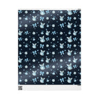 Christmas Wrapping Paper featuring blue angels, ornaments, bows and stars on a deep navy Christmas background.