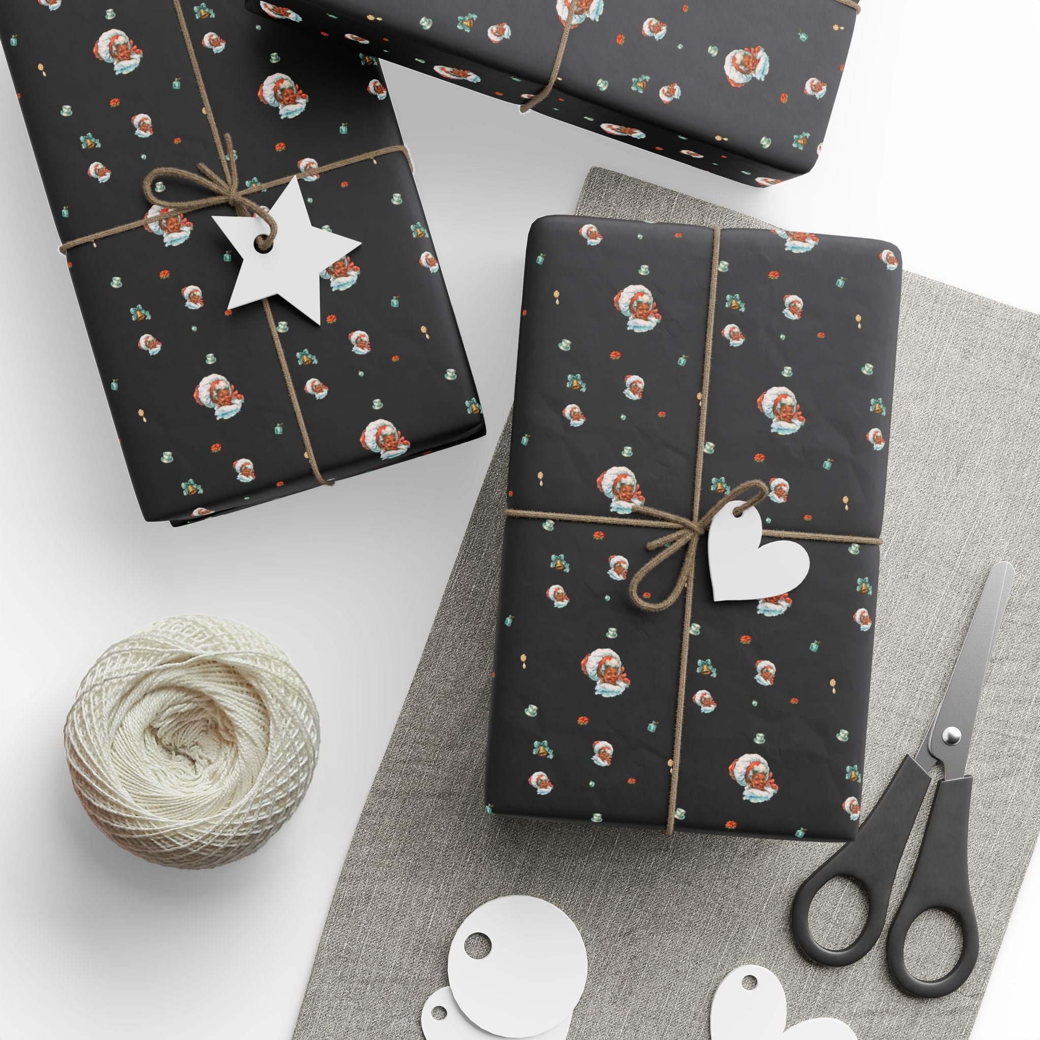 Christmas Wrapping Paper featuring Mrs. Claus enjoying Christmas tea with warm holiday style.