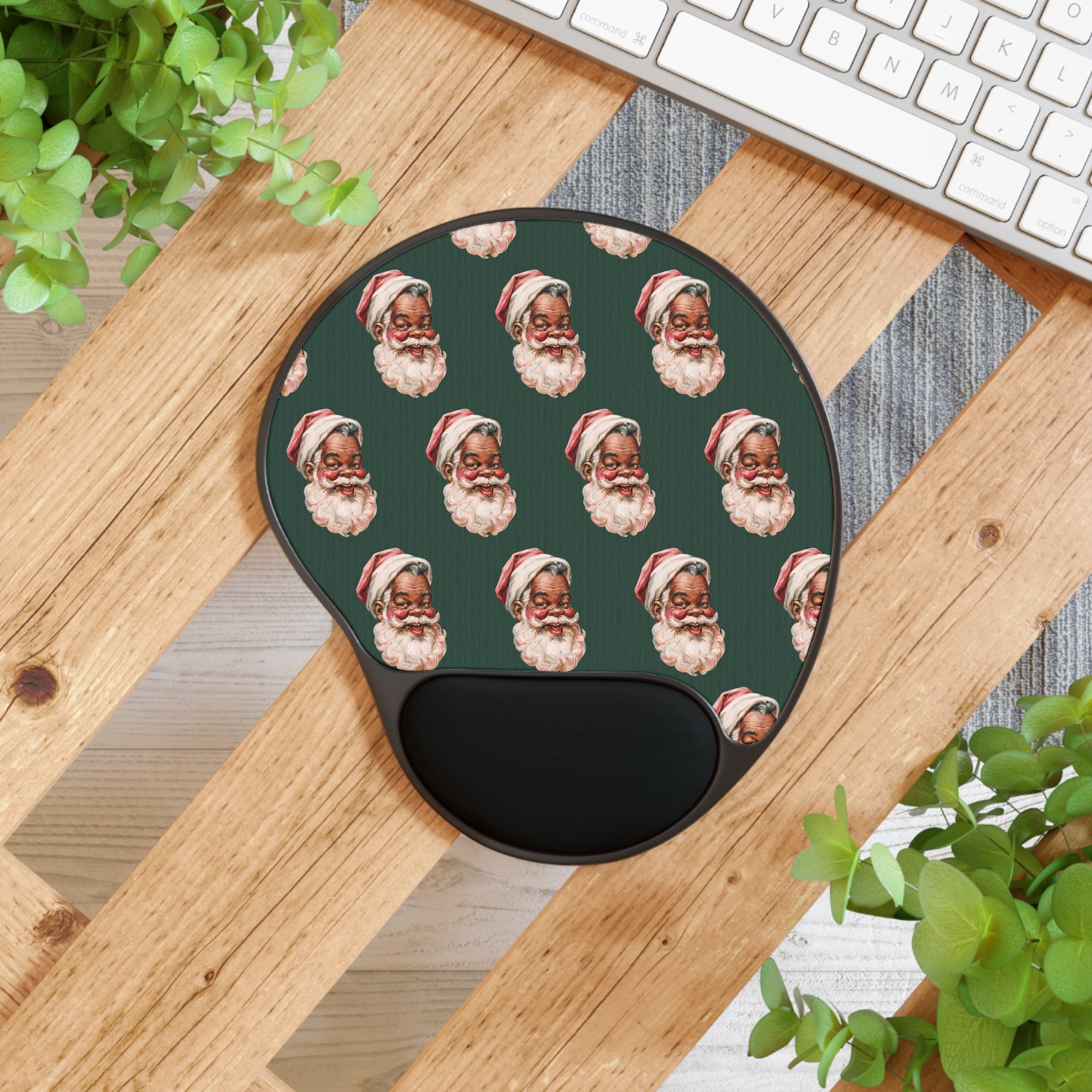 Santa Pattern Ergonomic Mouse Pad with Wrist Rest — Vintage Holiday Desk Accessory