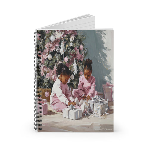 Spiral notebook featuring children opening gifts with festive Christmas decorations and warm colors.