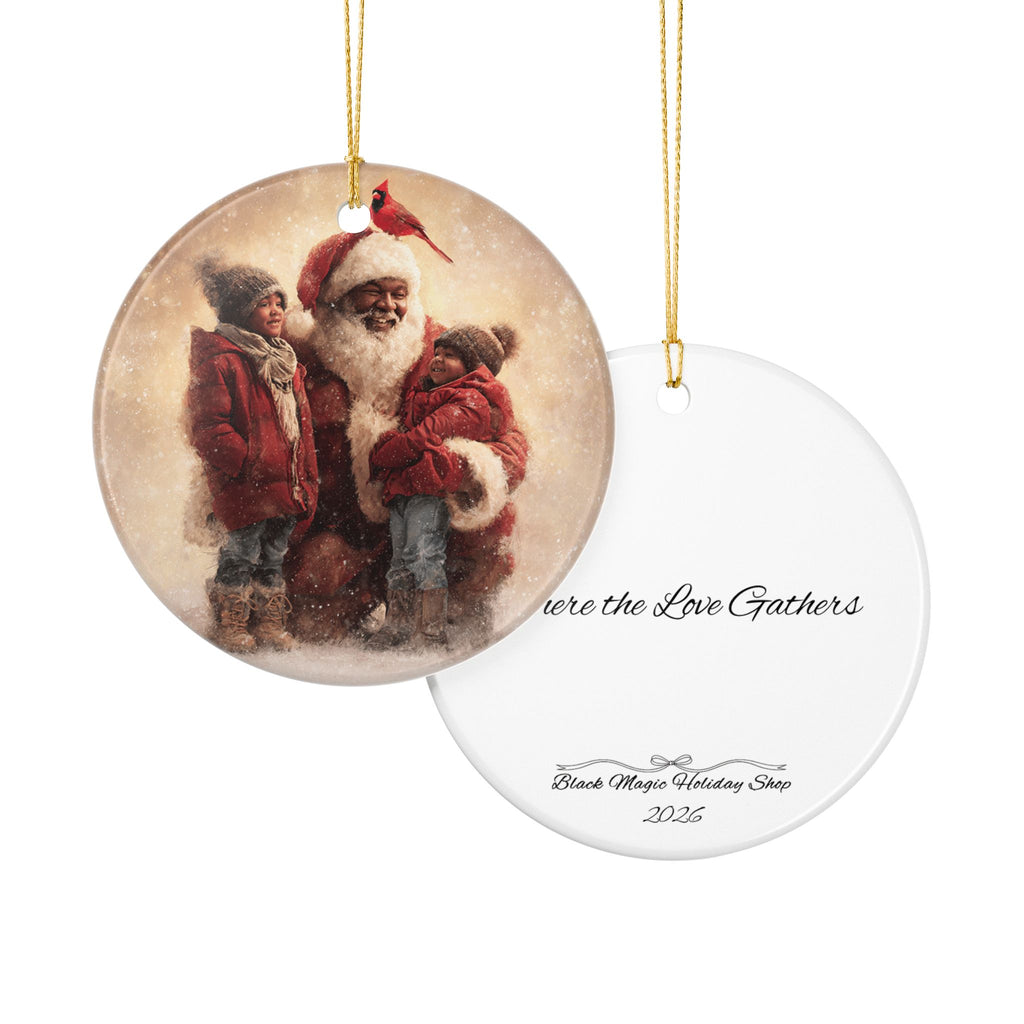 Christmas Santa with Children Ceramic Holiday Ornament — "Where the Love Gathers"