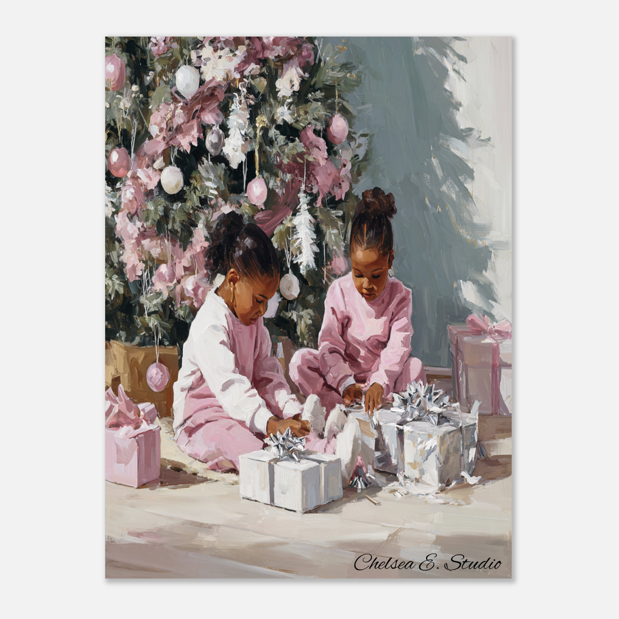 Christmas Poster featuring young Black girls in a sweet Christmas holiday scene.