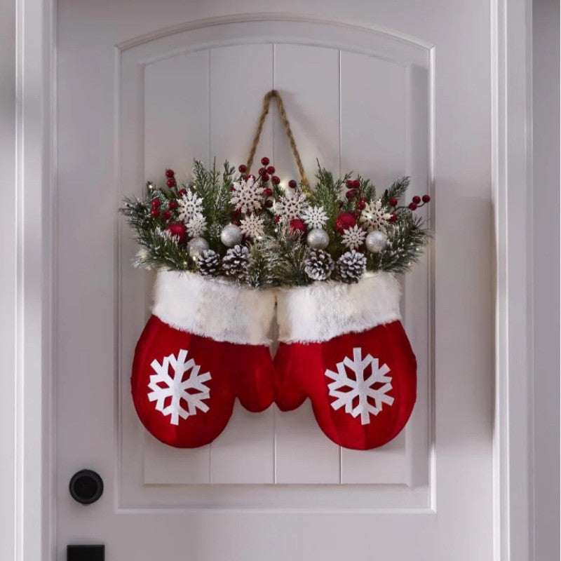Christmas Wreath featuring a Santa mitten Christmas wreath for festive front door decor.