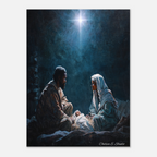 Christmas Poster featuring Mary, Joseph and baby Jesus beneath the Christmas star in a classic Nativity scene.