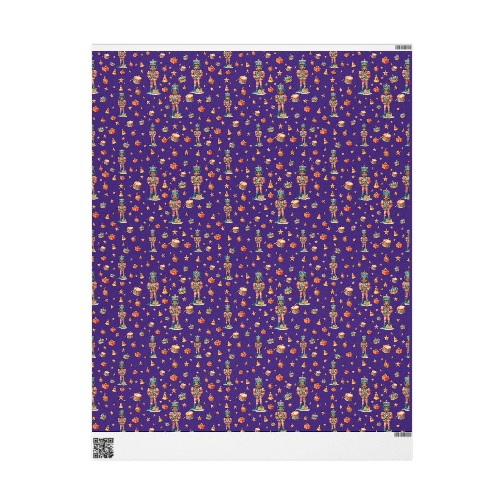 Christmas Wrapping Paper featuring colorful nutcrackers, ornaments, drums, gifts and stars.