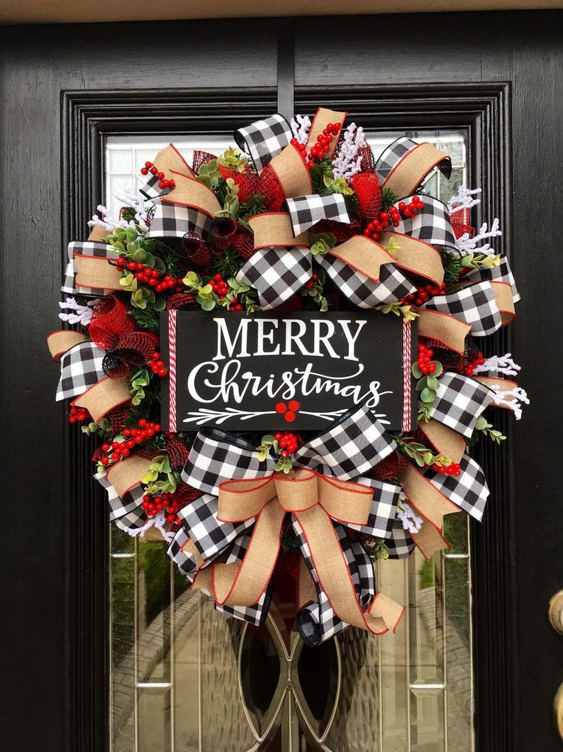 Christmas Wreath featuring a plaid Christmas wreath for classic holiday decor.