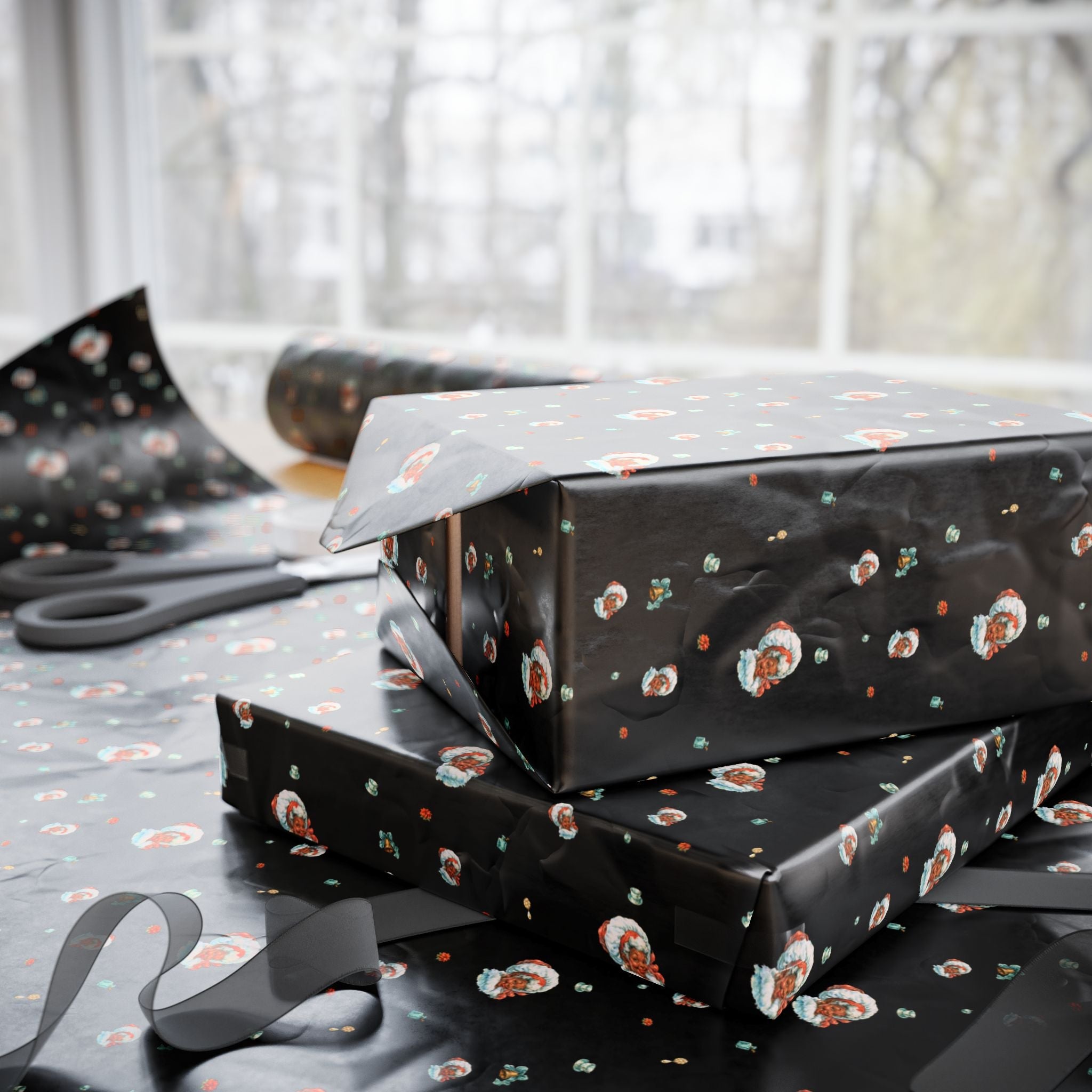 Christmas Wrapping Paper featuring Mrs. Claus enjoying Christmas tea with warm holiday style.