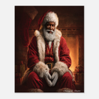 Christmas Poster featuring Black Santa seated beside a glowing fireplace in a cozy Christmas scene.