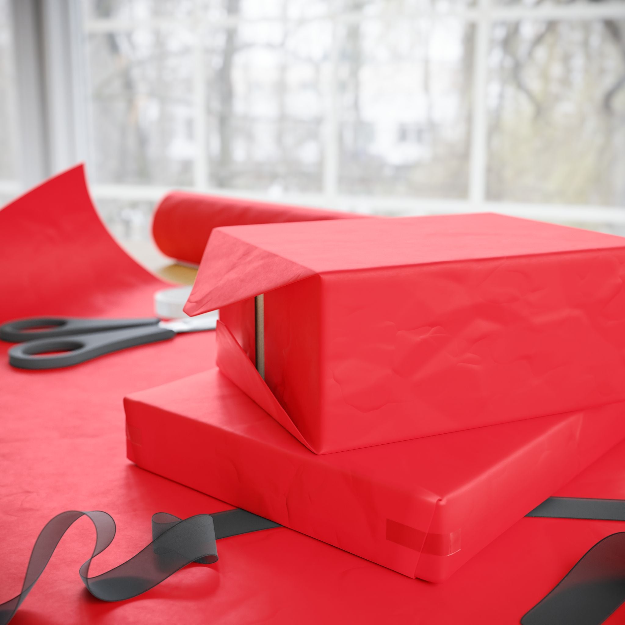 Christmas Wrapping Paper featuring solid cheer red gift wrap made to coordinate with holiday decorations.