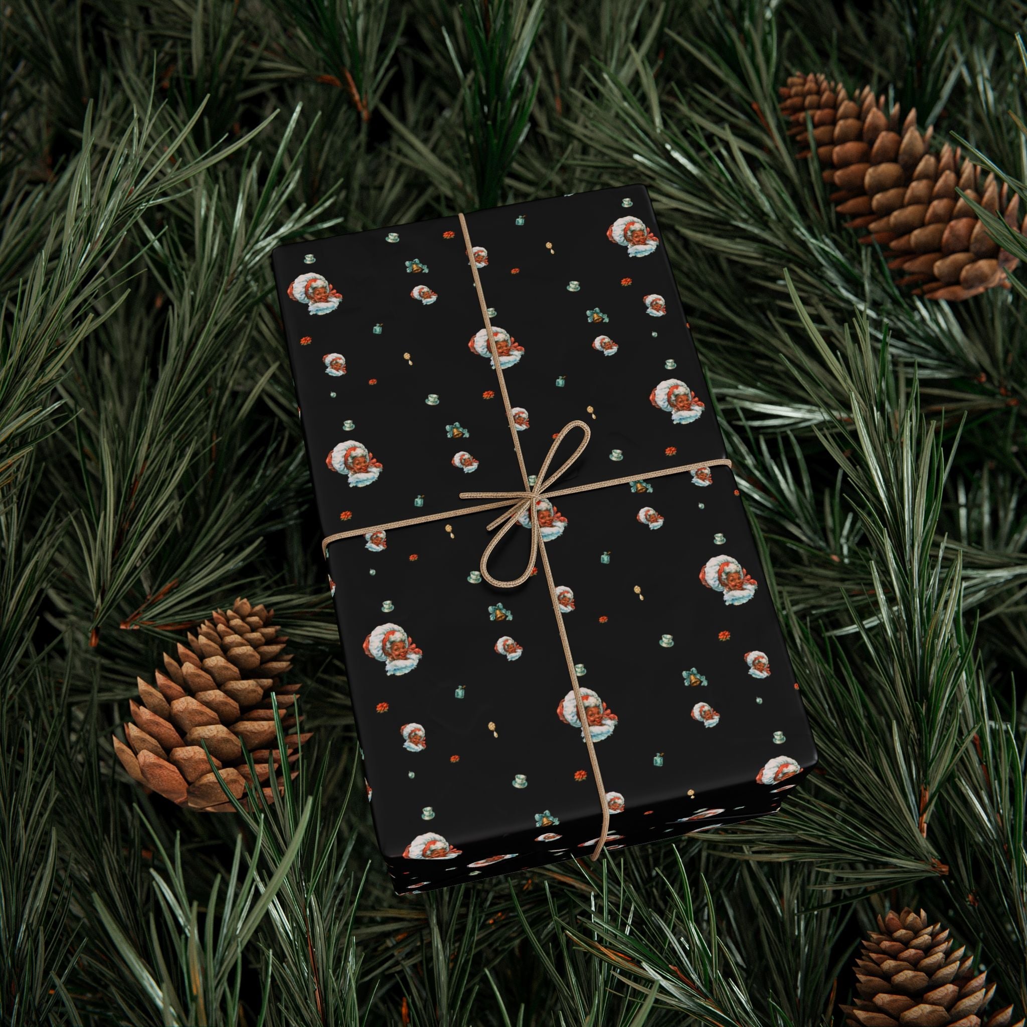 Christmas Wrapping Paper featuring Mrs. Claus enjoying Christmas tea with warm holiday style.