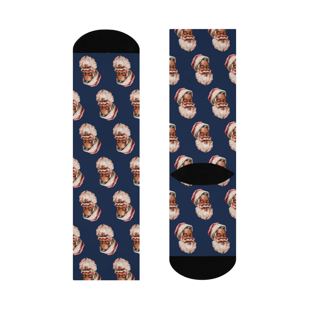 Christmas Crew Socks featuring Classic Santa Face Navy Socks holiday artwork.