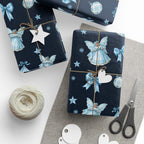 Christmas Wrapping Paper featuring blue angels, ornaments, bows and stars on a deep navy Christmas background.
