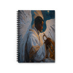 Christmas Spiral Notebook featuring an angel playing trumpet in a Christian Christmas scene.