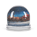 Christmas Snow Globe featuring Santa racing through a snowy night with his sleigh and reindeer.