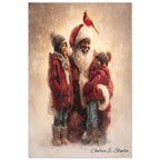 Christmas Poster featuring Black Santa embracing children in a snowy winter scene with a cardinal.