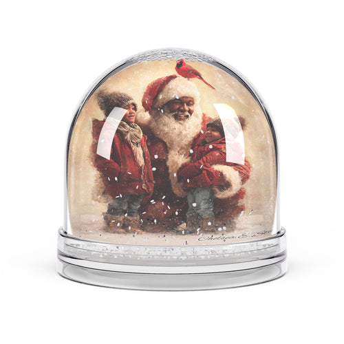 Christmas Snow Globe featuring Black Santa embracing children in a snowy winter scene with a cardinal.