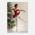 Christmas Poster featuring a graceful young Black ballerina dancing beside a decorated Christmas tree.