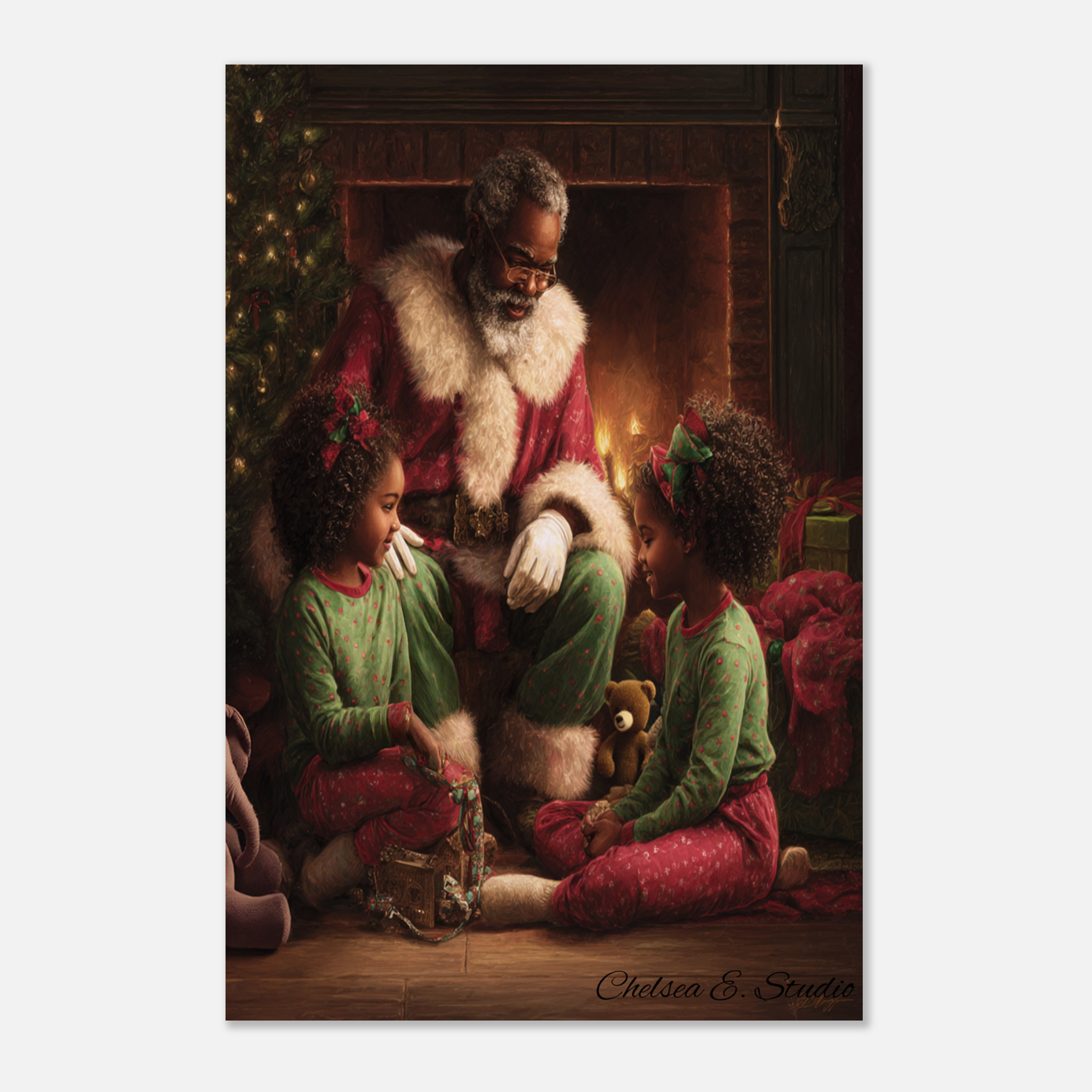 Christmas Poster featuring Black Santa reading a cozy Christmas story to children.