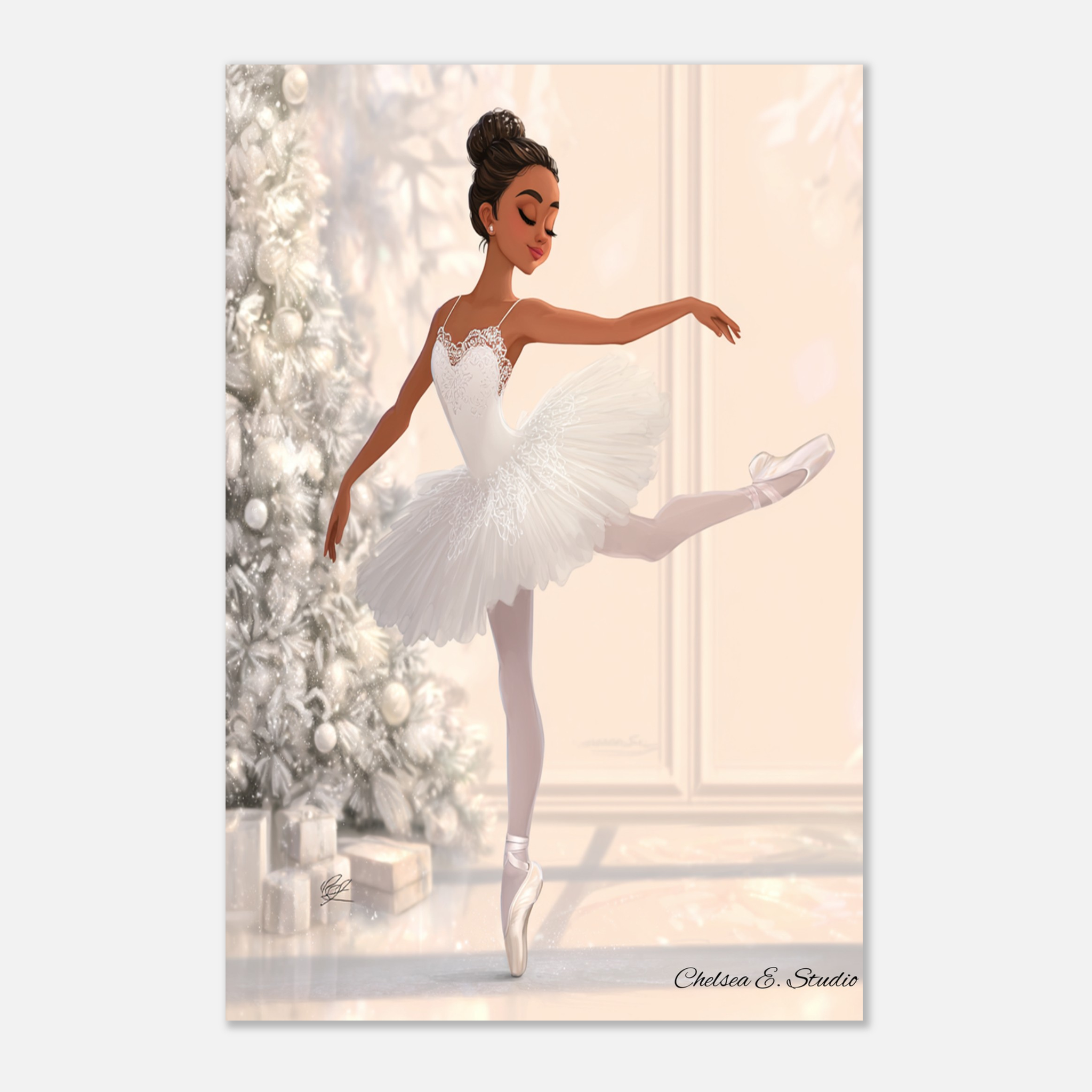 Christmas Poster featuring a young Black ballerina in a festive Christmas ballet scene.
