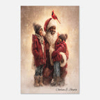Christmas Poster featuring Black Santa embracing children in a snowy winter scene with a cardinal.