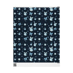 Christmas Wrapping Paper featuring blue angels, ornaments, bows and stars on a deep navy Christmas background.