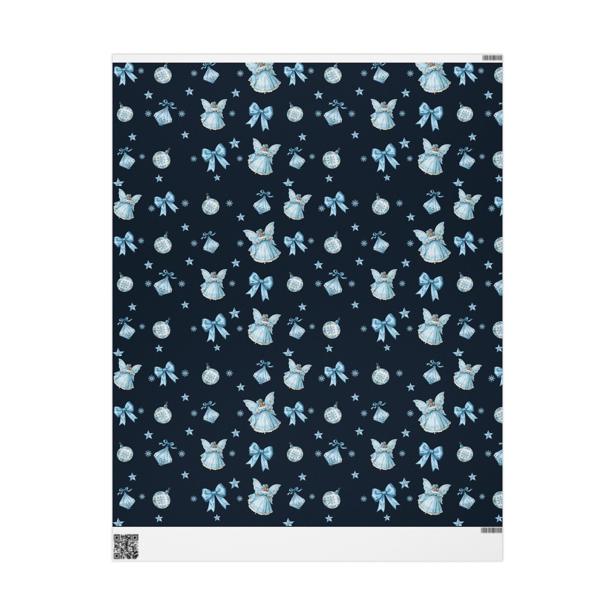 Christmas Wrapping Paper featuring blue angels, ornaments, bows and stars on a deep navy Christmas background.