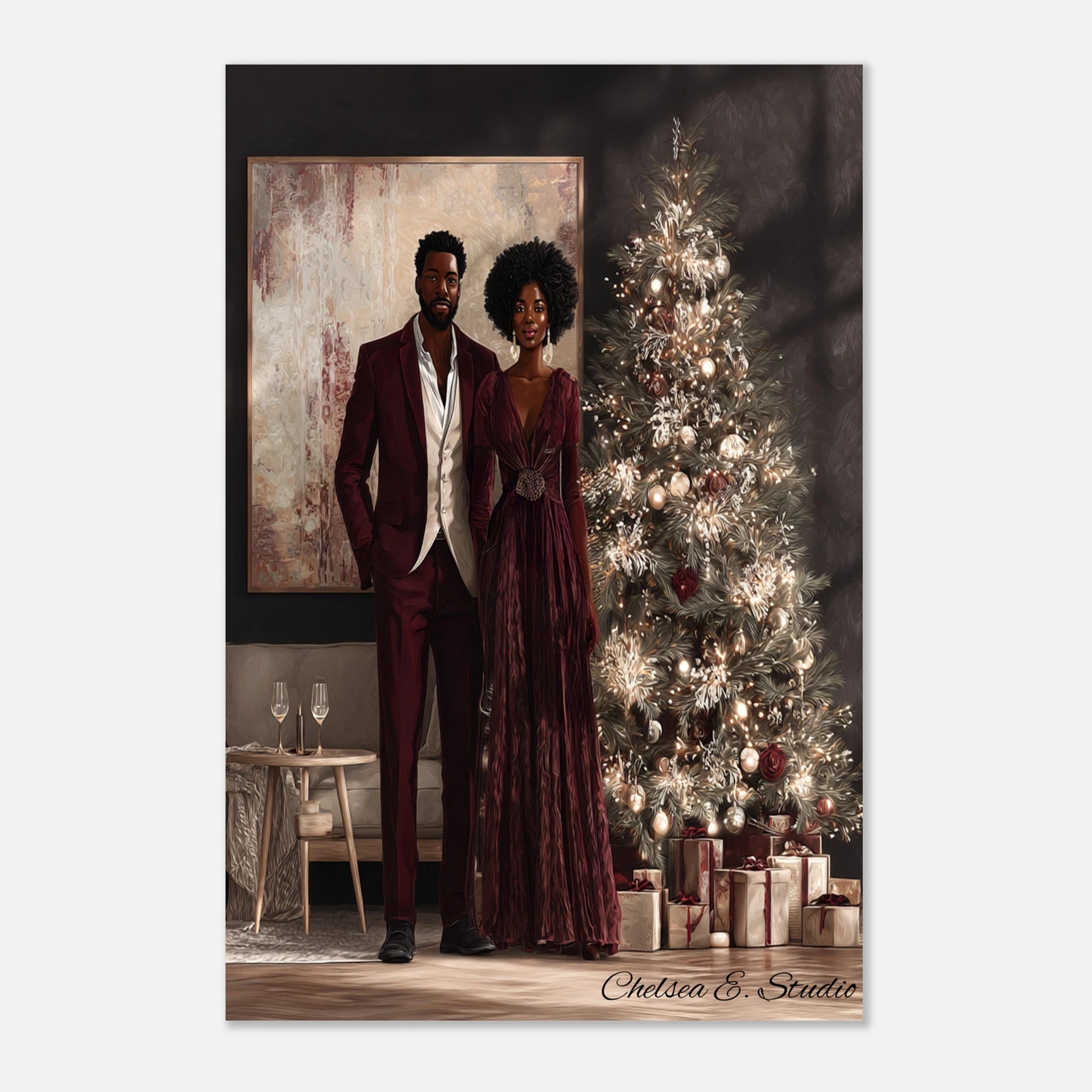 Christmas Poster featuring a stylish Black holiday couple in festive Christmas artwork.