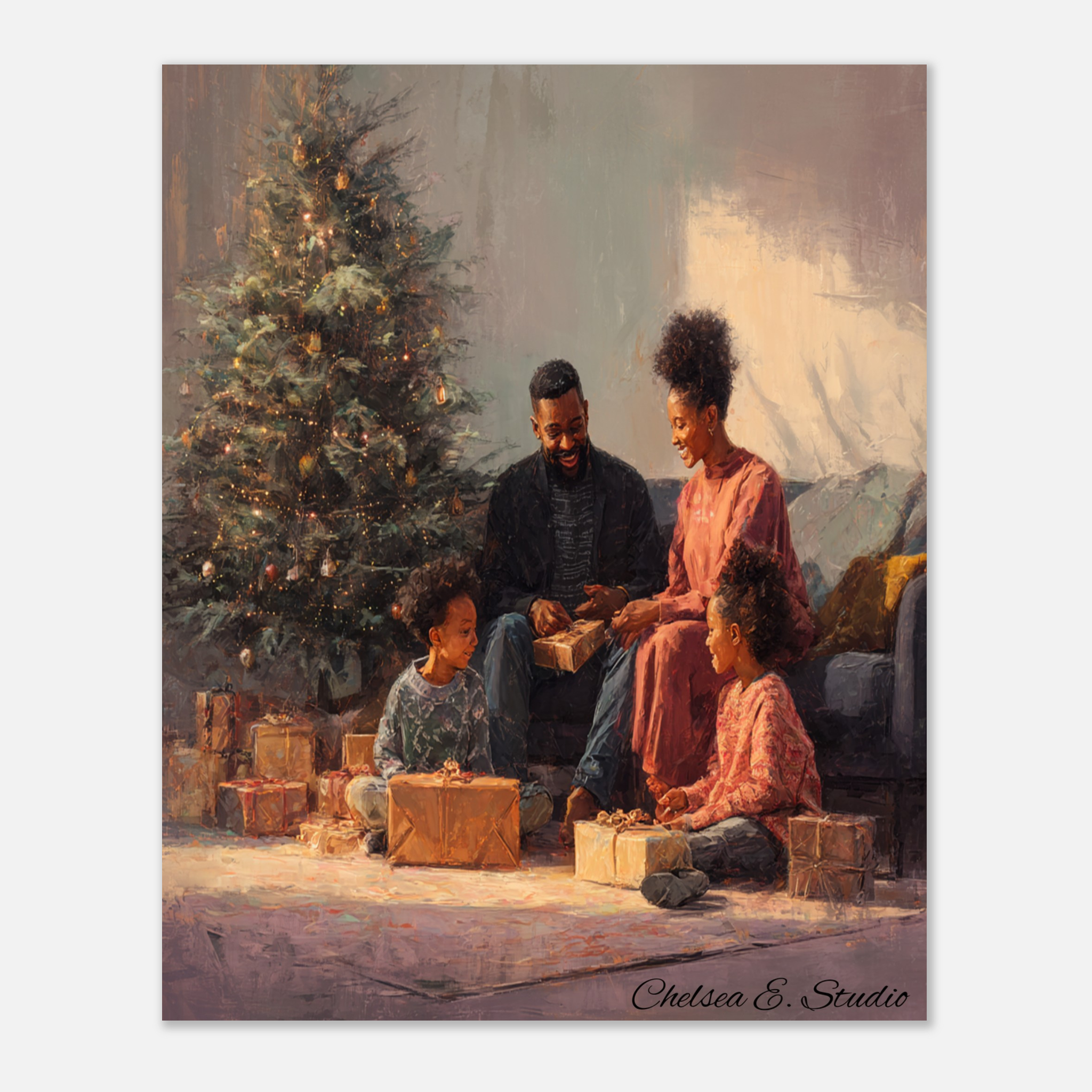 Christmas Poster featuring a joyful Black family Christmas morning scene with gifts and holiday warmth.