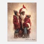 Christmas Poster featuring Black Santa embracing children in a snowy winter scene with a cardinal.