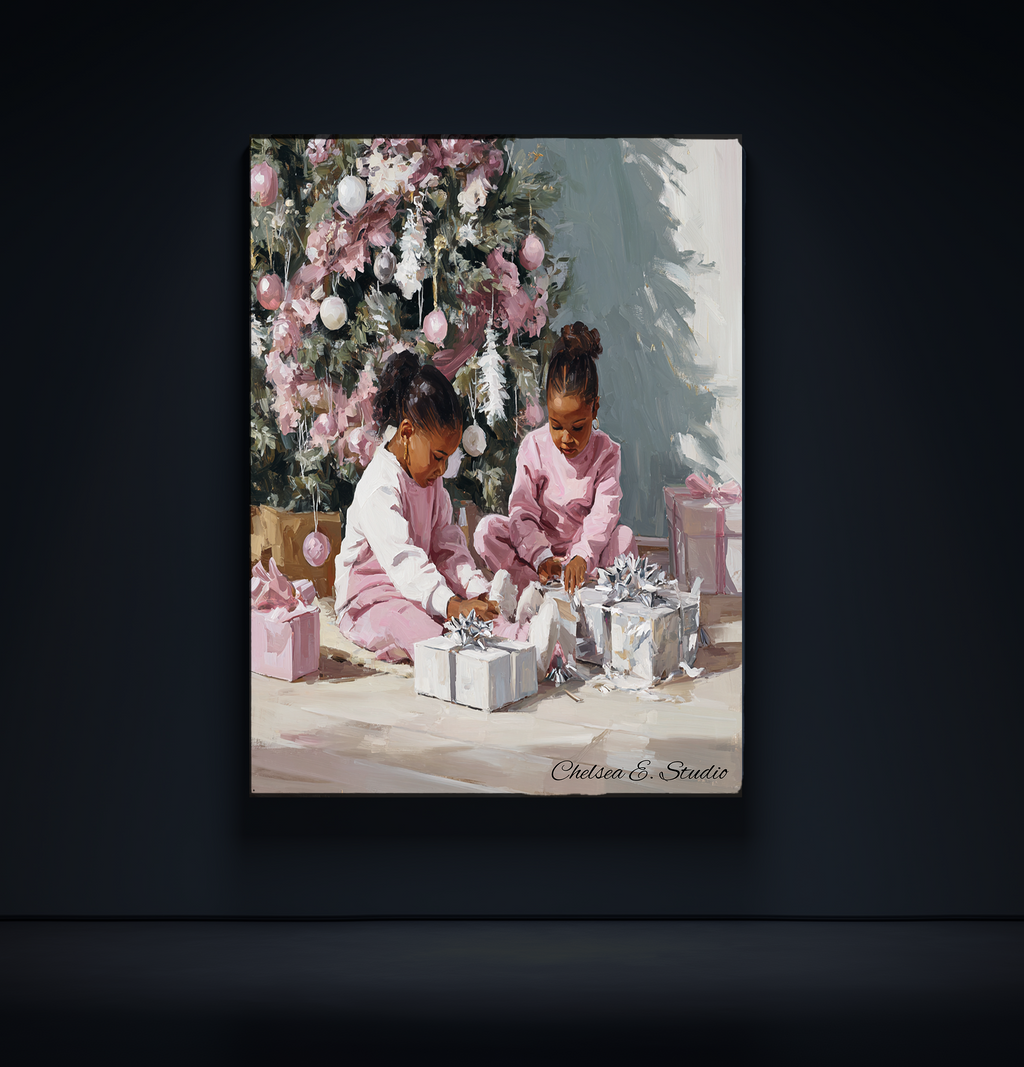 Christmas Poster featuring young Black girls in a sweet Christmas holiday scene.