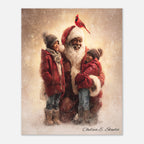 Christmas Poster featuring Black Santa embracing children in a snowy winter scene with a cardinal.