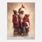 Christmas Poster featuring Black Santa embracing children in a snowy winter scene with a cardinal.