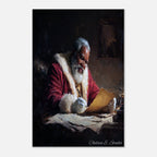 Christmas Poster featuring Black Santa making his Christmas list in classic holiday artwork.