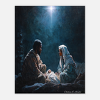 Christmas Poster featuring Mary, Joseph and baby Jesus beneath the Christmas star in a classic Nativity scene.