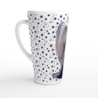Christmas Latte Mug featuring blue angels, ornaments, bows and stars on a deep midnight background.
