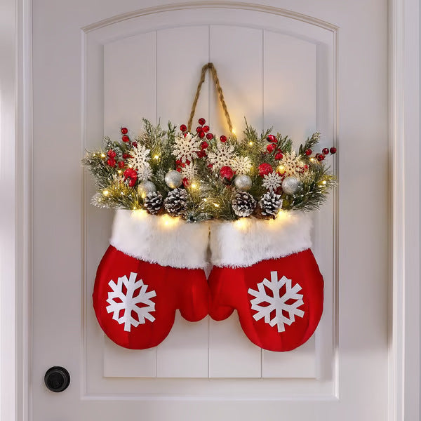 Christmas Wreath featuring a Santa mitten Christmas wreath for festive front door decor.